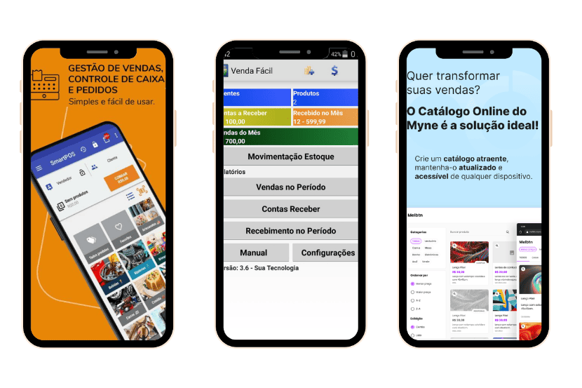 Imagem mostra três celulares com diferentes telas de aplicativos voltados para controle de vendas. O primeiro celular, com fundo laranja, destaca um app de gestão de vendas, controle de caixa e pedidos, com a interface mostrando produtos. O segundo celular exibe um app com interface simples listando opções como "Movimentação Estoque", "Contas a Receber" e "Recebimento no Período", além de dados financeiros do mês. O terceiro celular mostra um catálogo online moderno, com a frase “Quer transformar suas vendas?” e foco em criar catálogos atrativos e acessíveis. Todos os apps são voltados para facilitar o controle de vendas em pequenos negócios. SAIPOS