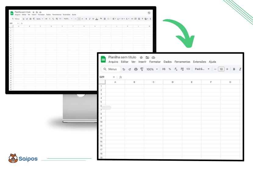 Imagem mostrando duas telas com planilhas do Google Sheets em branco, uma maior ao fundo e uma menor em destaque com seta verde apontando para ela. Representa o início da criação de um documento. Palavra-chave: planilha de controle. Saipos.