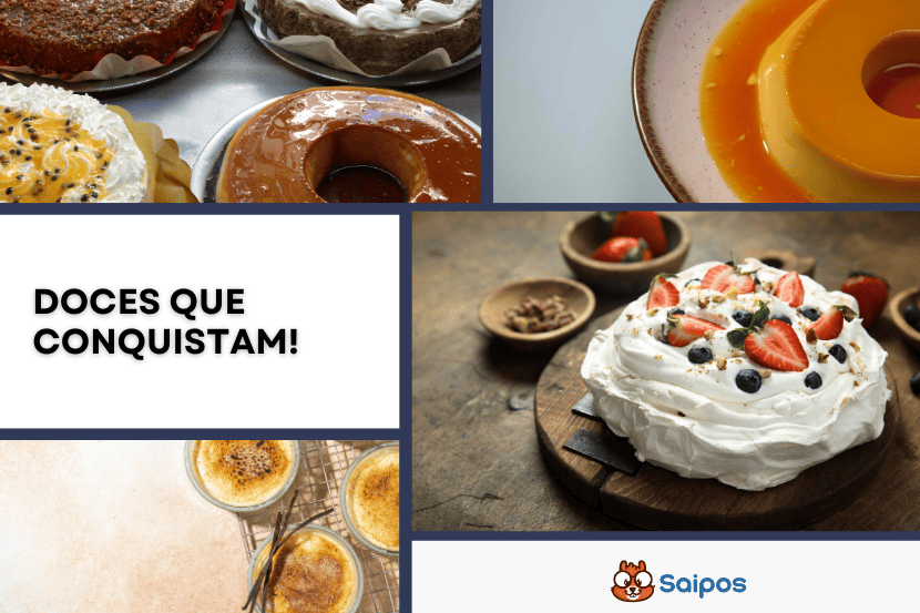 matriz de imagens que ilustram os doces mais pedidos, incluindo bolos, pudins e cremes com a frase "doces que conquistam"