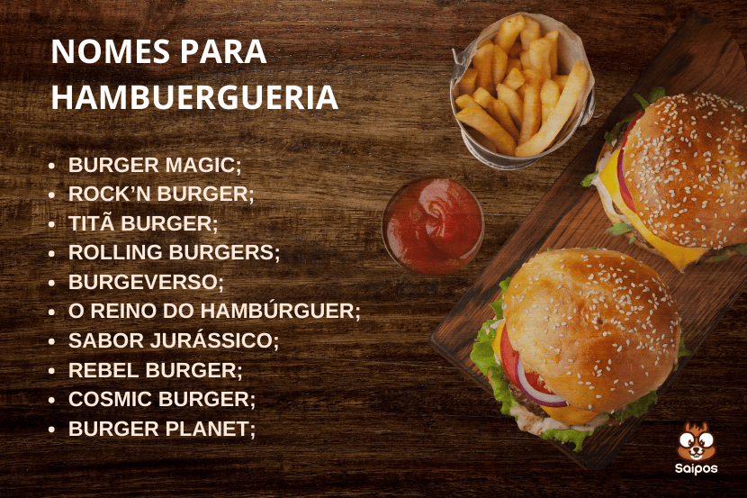 exemplos de nomes para hamburguerias citados acima com fundo de madeira rustica e hamburgueres na volta
