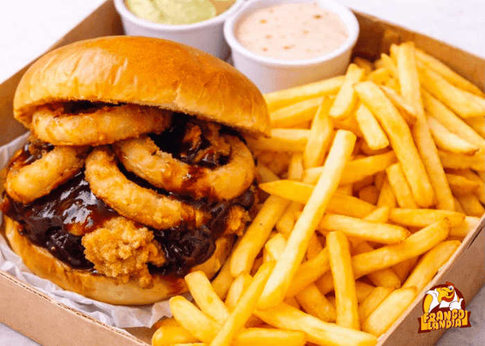 Hamburguer com onions rings e batata frita da Frangolandia cliente Saipos