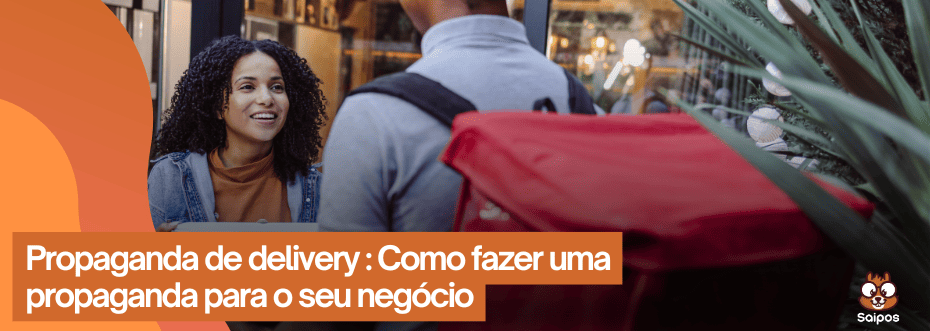 Imagem com escrita, detalhes laranjas e uma imagem de entrega delivery