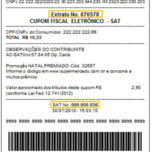 IMAGEM DE ANTIGA NOTA FISCAL DESTACANDO EM AMARELO A NUMERAÇÃO SAT