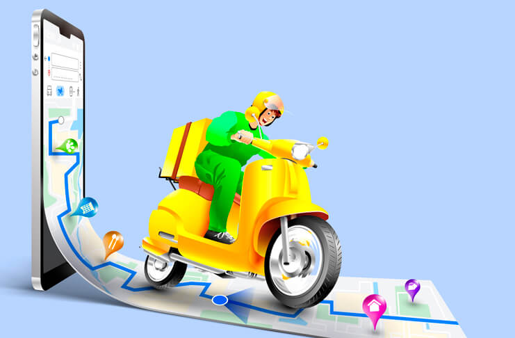 Ilustração de uma moto e um celular representando os deliveries