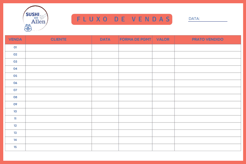 Imagem de uma planilha ilustrativa com o título "Fluxo de Vendas" do restaurante fictício Sushi do Allen. A tabela tem colunas para registrar: número da venda, nome do cliente, data, forma de pagamento, valor e prato vendido. Há 15 linhas numeradas para preenchimento. O layout usa tons de coral e azul.