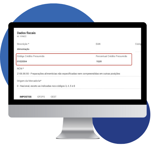 tela de computador com sistema saipos fiscal e contorno em vermelho na parte de selecionar o credito presumido