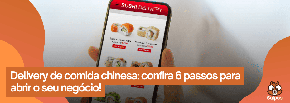 imagem com detalhes laranja e um celular com sushi delivery