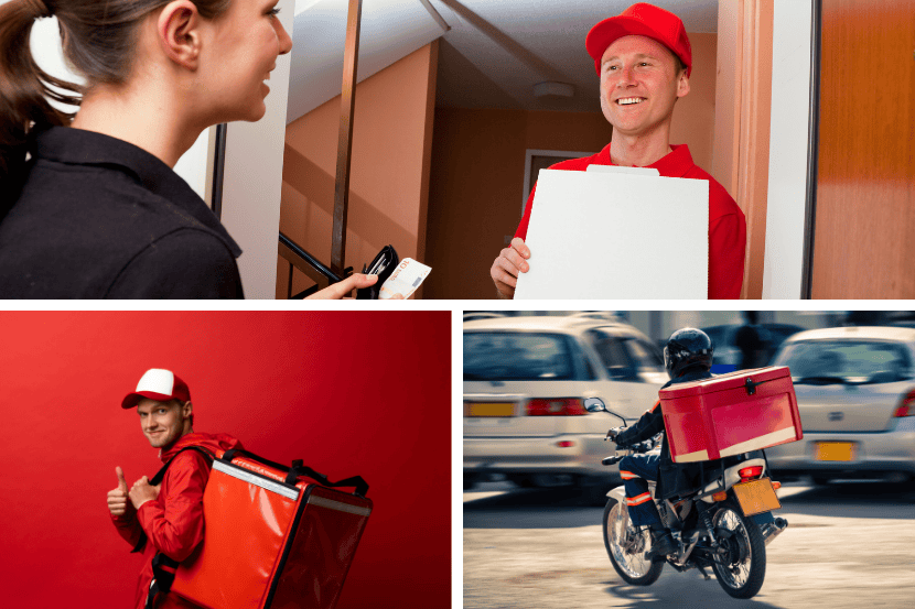 imagem em mosaico de diversos entregadores com roupa e bag vermelha