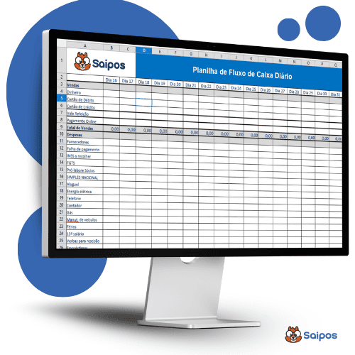 Imagem de um monitor com a planilha de fluxo de caixa da Saipos. Há círculos de cor azul no fundo e uma sombra do objeto. No canto inferior, está presente o logo da empresa. SAIPOS
