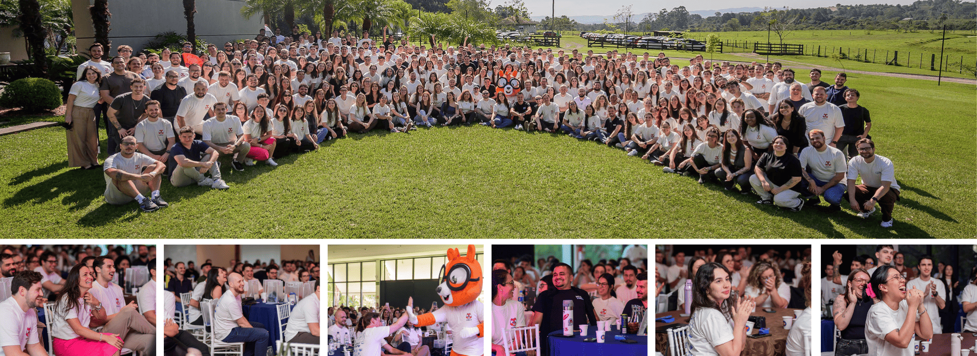 Montagem de fotos da equipe Saipos no evento de kick-off de 2026, com a foto principal mostrando todo o time reunido com o mascote.