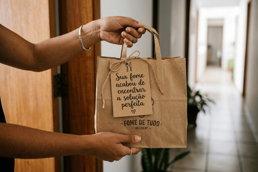 Entregador passa sacola kraft com comida para cliente na porta de residência; etiqueta artesanal diz 'Sua fome acabou de encontrar a solução perfeita' e sacola mostra logo 'Fome de Tudo Delivery'