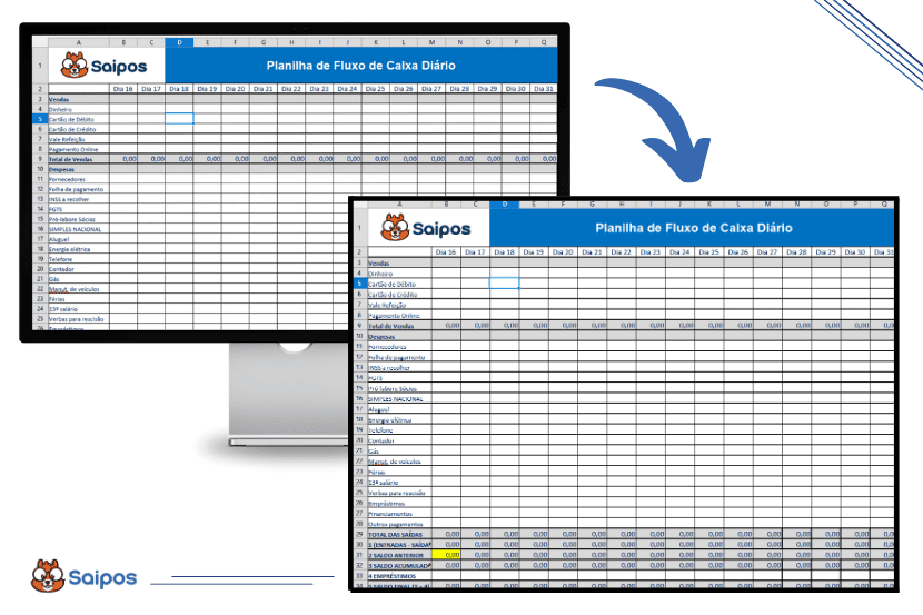 Imagem ilustrativa sobre como fica a visualização do campo de fluxo de caixa diário na tela do computador. 