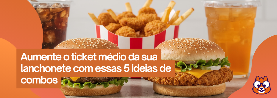 Dois hambúrgueres de frango empanado com queijo e alface, acompanhados de nuggets, batatas fritas e refrigerantes em copos transparentes. Texto sobreposto: "Aumente o ticket médio da sua lanchonete com essas 5 ideias de combos". Mascote laranja da Saipos no canto inferior direito.