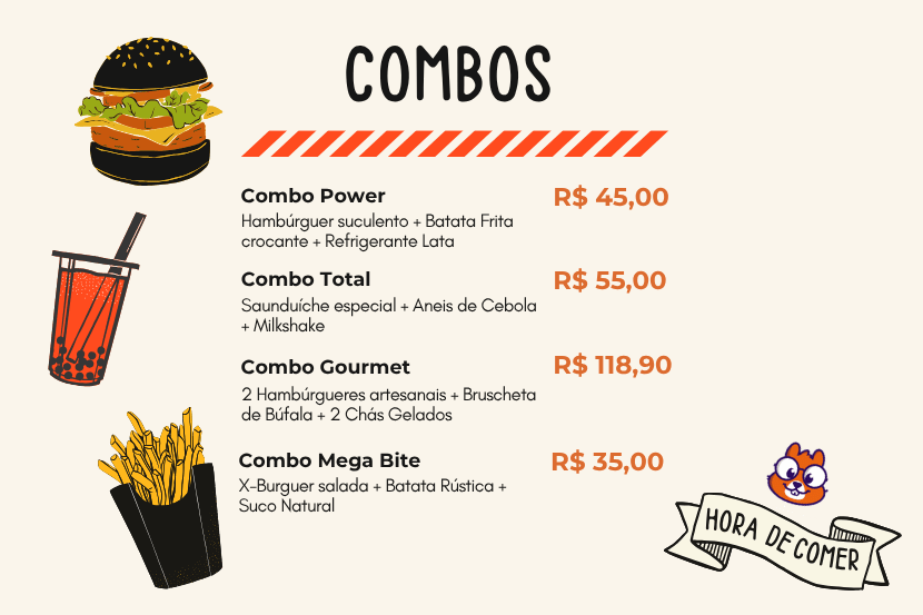 Menu de combos de lanchonete com quatro opções: Combo Power por R$ 45,00 (hambúrguer suculento, batata frita crocante e refrigerante lata); Combo Total por R$ 55,00 (sanduíche especial, anéis de cebola e milkshake); Combo Gourmet por R$ 118,90 (2 hambúrgueres artesanais, bruscheta de búfala e 2 chás gelados); Combo Mega Bite por R$ 35,00 (X-burguer salada, batata rústica e suco natural). Ilustrações de hambúrguer, refrigerante e batatas fritas decoram o lado esquerdo. Banner "Hora de Comer" e mascote Saipos no canto inferior direito.