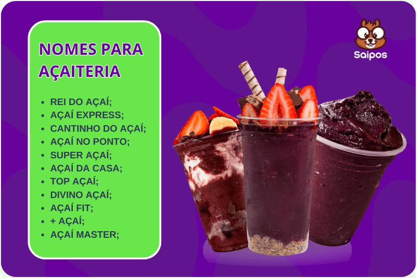 card com alguns nomes citados anteriormente no texto. Possuí fundo roxo e verde, com três copos de açaí ao lado e o logo da Saipos acima.