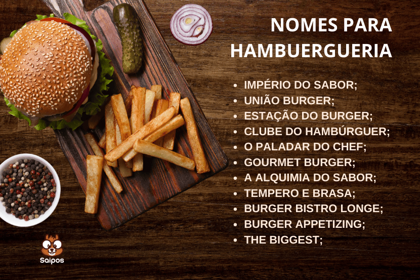 foto de hamburguer com batatas e fundo amadeirado com nomes ja listados de hamburgueria 