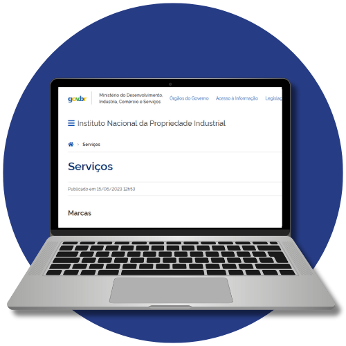 Notebook com circulo azul ao fundo e imagem da tela representado página do Gov. br 