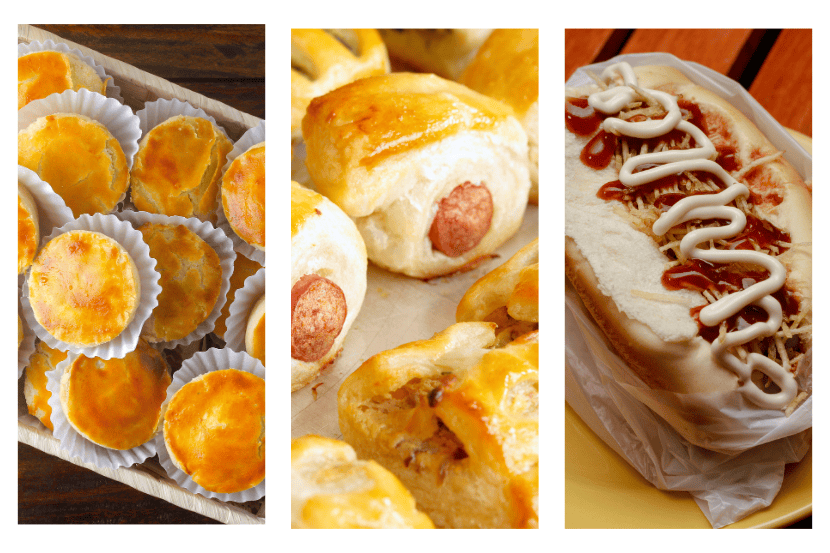 Imgem em mosaico de lanches como cachorro quente, empada e doguinho