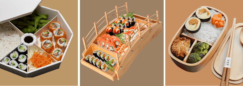 Vários tipos de embalagem para delivery de sushi