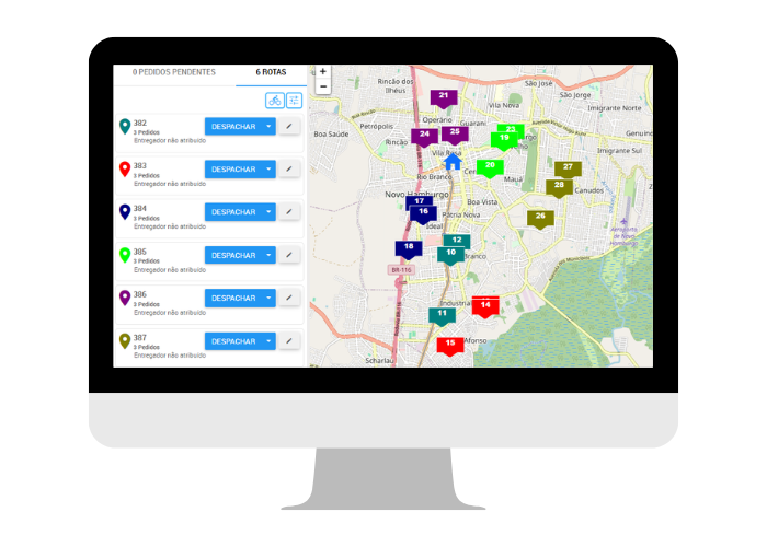Tela de roteirização de entregas do sistema Saipos, apresenta algumas rotas já criadas e seu mapa de localização.