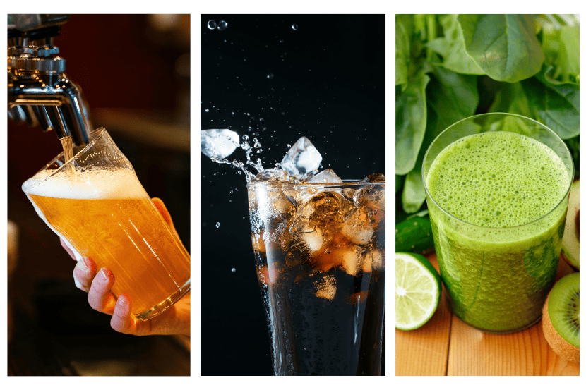 Imagem dividida em três partes, cada uma com um tipo de bebida (cerveja/chopp, refrigerante e suco).